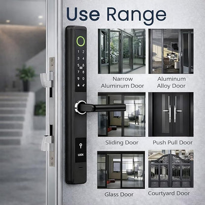 Smart Door Lock with Handle - Keyless Entry Fingerprint & Touchscreen Keypad - App Control, Alexa & Google Home Compatible - Waterproof Sliding Door Patio, Wood, Aluminum Slim Door - DIY Black