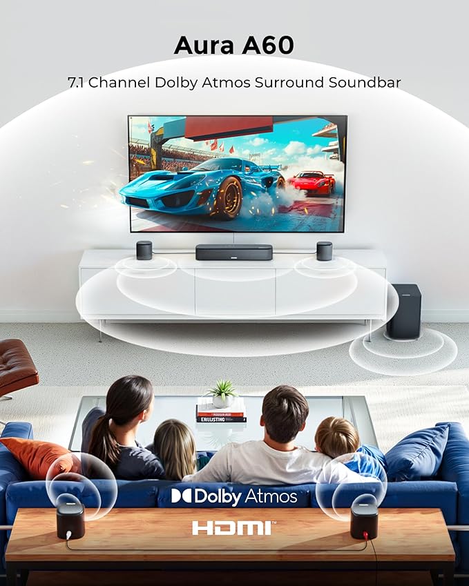 ULTIMEA 7.1ch Sound Bar with Dolby Atmos, Surround Sound System for TV with 4 Surround Speakers, Sound Bar for Smart TV with App Control, Soundbar with Subwoofer for Home Theater, HDMI eARC, Aura A60