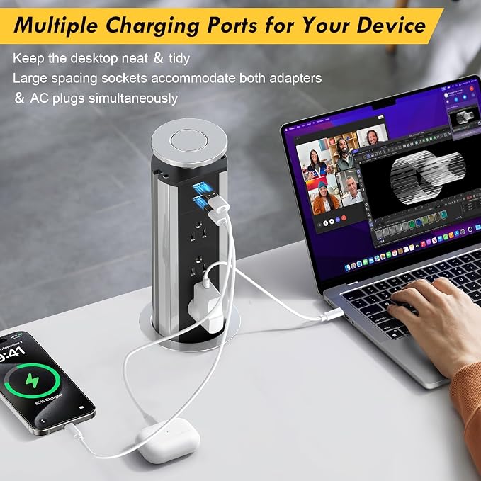 Pop up Outlet for Countertop, 3 AC Outlets & 2 USB-A, 3-1/4 Inch Silver