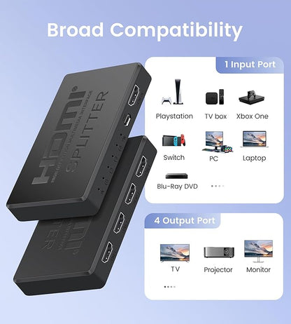 avedio links 4K HDMI Splitter 1 in 4 Out with Hdmi 2.0 Cable, HDMI Video Distributor 1X4 Mirror Duplicate 1 Source to 4 Displays (Only Mirror, Not for Extended), Support 1080P@60Hz, 3D, PS5, HDTV