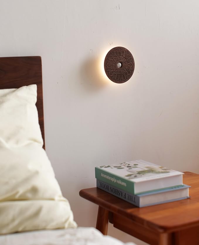 Carved Flower Wood Motion Sensor Night Light, Rechargeable Magnetic