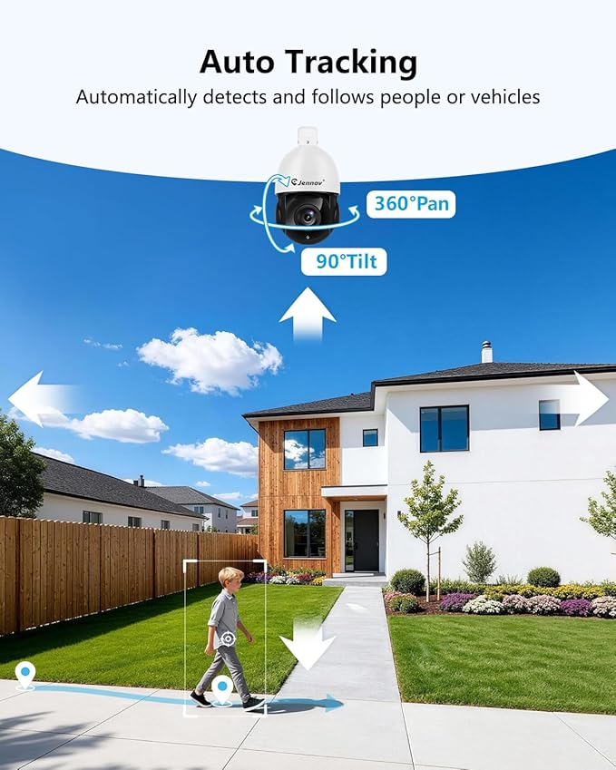 Jennov 4K 8MP POE PTZ Camera Outdoor, 20X Optical Zoom Security Camera with 360° Pan&90° Tilt, Human Detection, 320ft IR Night Vision, Auto Tracking, 24/7 Recording, Only Work with Onvif POE NVR