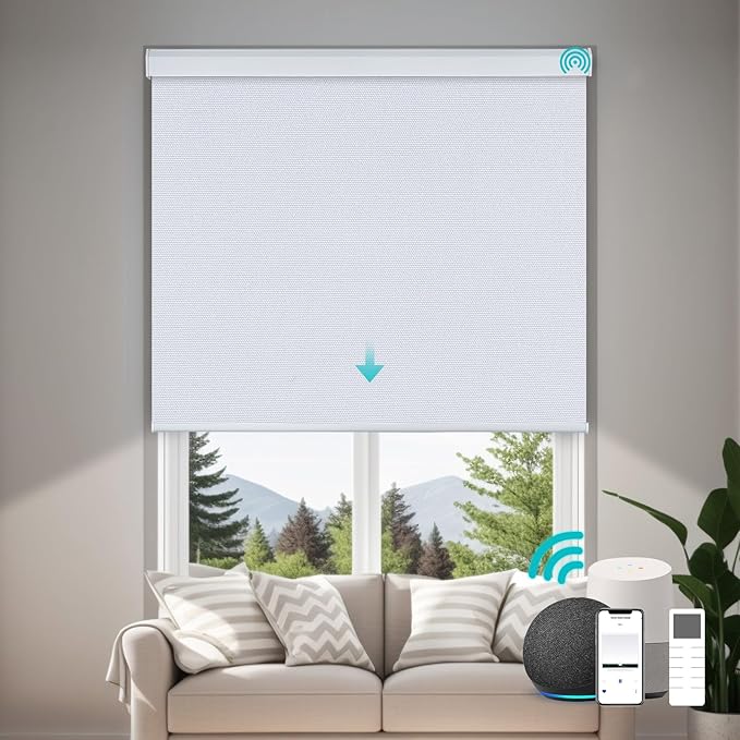 Motorized Blinds with Remote, Custom Waterproof Automatic Electric Blackout Smart Blinds for Windows, Motorized Window Roller Shades Compatible with Alexa Google for Home Office, White