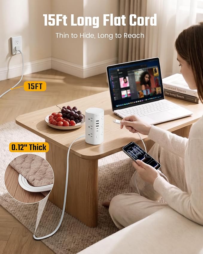 SUPERDANNY Tower Power Strip, 15Ft Extension Cord, 1700J, 12 AC 5 USB,White | 3 USB A, 2 USB C, Surge Protector Power Tower, Flat Plug, Desk Charging Station with Multiple Outlets, Home Office Dorm Room
