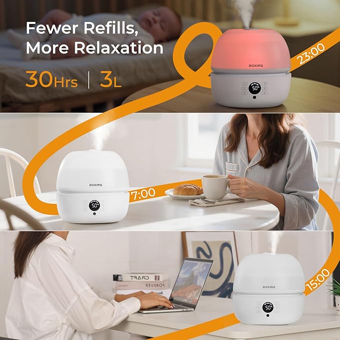 BOXING Top Fill Humidifiers for Bedroom Baby with Humidistat, 20dB Quiet Air Humidifier for Large Room & Indoor Plants with Remote, Cool Mist Diffuser for Home, 7 Color Light, Essential Oil Tray,Timer
