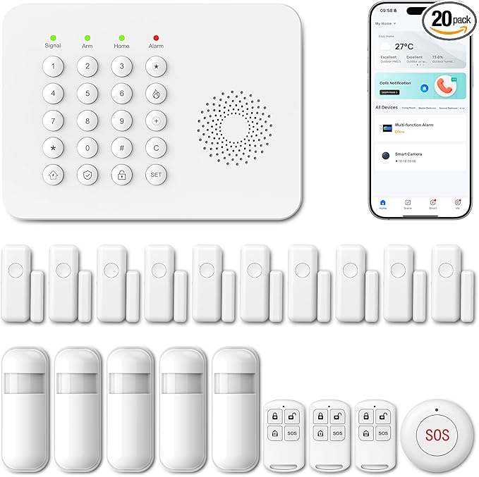 2026 Alarm System for Home Security,20 Piece DIY Home Alarm System with Smart Life or Tuya App Real-Time Alert,SOS Button,Remote,Compatible with Alexa and Google NO Monthly Fees,Easy to Install