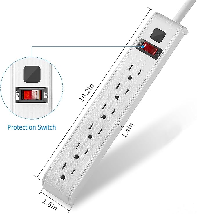 TiFFCOFiO Surge Protector Power Strip, 6 Feet Extension Cord, 600 Joules Surge Protection, Multiple Protection 6 Outlet Strip, 14 AWG Cord, 15A/1875W, ETL Listed, 2 Packs