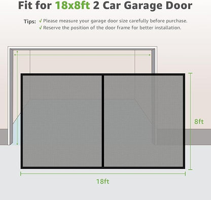 Garage Door Screen - 2 Car 18x8Ft Magnetic Closure Heavy Duty Weighted Bottom Screen Self Sealing Fiberglass Mesh Retractable Net - Easy Assembly & Pass-Through(Black)