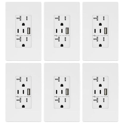 TOPGREENER 4.2A 21W 3-Port Type C USB Outlet, 20 Amp Receptacle Plug, Charging Power Outlet with Dual Type C&A Ports, Screwless Wall Plate Included, UL Listed, TU22042AC2-WSID, White, 6 Pack