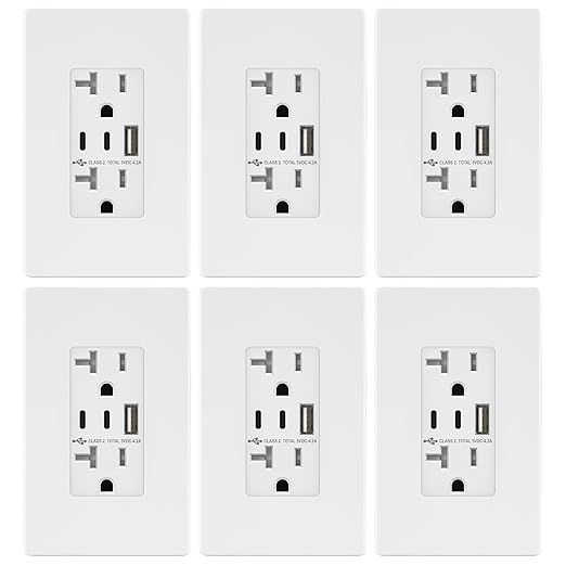 TOPGREENER 4.2A 21W 3-Port Type C USB Outlet, 20 Amp Receptacle Plug, Charging Power Outlet with Dual Type C&A Ports, Screwless Wall Plate Included, UL Listed, TU22042AC2-WSID, White, 6 Pack