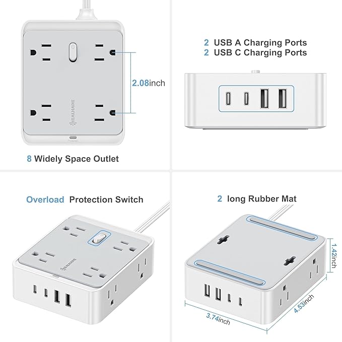 Flat Power Strip, 12-in-1 Flat Outlet Extender with 5Ft Extension Cord, Power Strip Flat Plug with 8 AC Outlets 2 USB-A and 2 USB-C, Flat Wall Extension Cord for Desktop Home Office Dorm Room