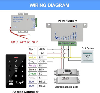 Tuya Access Control Kit with Electric Bolt Lock | Complete kit incl keypad, electric bolt lock, exit button, 36W PSU, IP68, 1000 users, IC/ID, 10 blue cards