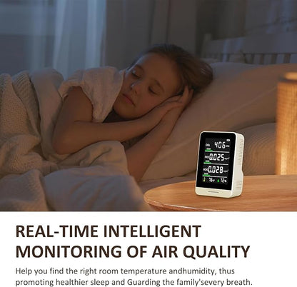5-in-1 Air Quality Monitor Indoor for CO2/HCHO/TVOC/Temp/Hum, Portable Real-time Detector, LCD Display, Suitable for Baby Room, Living Room, Office, Kitchen, Warehouse