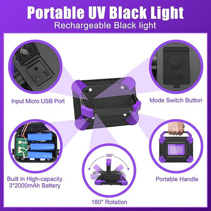 T-SUN Rechargeable Black Lights, Battery Powered Blacklights for Glow Party Fishing Cordless Black Light Ultraviolet Flood Light Outdoor Waterproof, Body Painting, Fluorescent Poster 1Pack