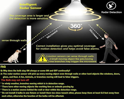 LUXON 9W BR25 Radar Motion Sensor Light Bulbs, Detector Dusk to Dawn 90W Equivalent,Smart Led Lamp Lighting,Indoor Outdoor Auto On/Off E26 Base Soft White 2700K