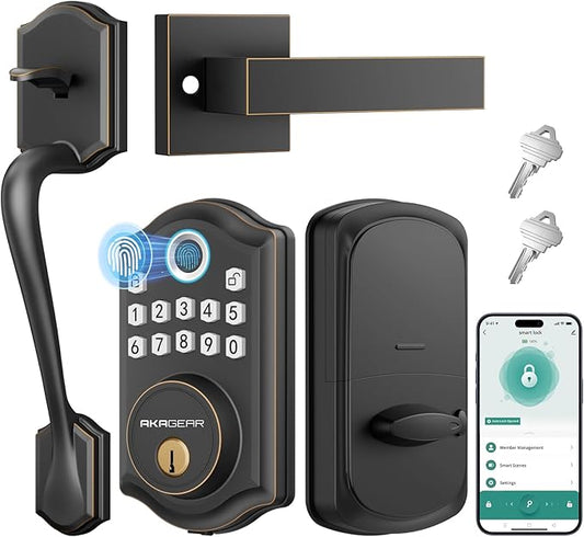 AkaGear DS10 Pro Keyless Entry Door Lock with Handle Set, Smart Front Door Locks Set, Electronic Keypad, Fingerprint Deadbolt, Bluetooth APP Control, Auto-Lock & One Touch Locking, Oil Rubbed Bronze