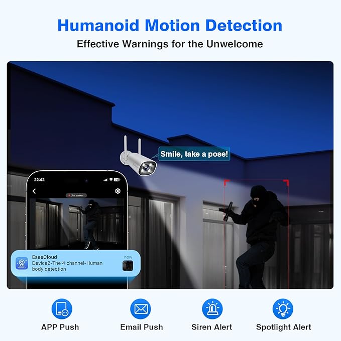 Expandable 16CH NVR Wireless Security Camera System with 12.5" Monitor, 4PCS 5MP Surveillance Camera Human Detection, Spotlight, Siren Alarm, 2-Way Audio, Night Vision, 3TB HDD