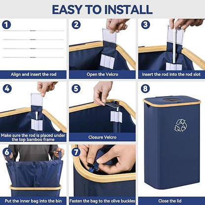Recycling Bin for Kitchen, 26 Gallon 100L Indoor Home Recycle Bin with Lid and 2 Removeable Reusable Inner Bags, for Bottles, Cans, Glass, Plastic & Stickers, Blue