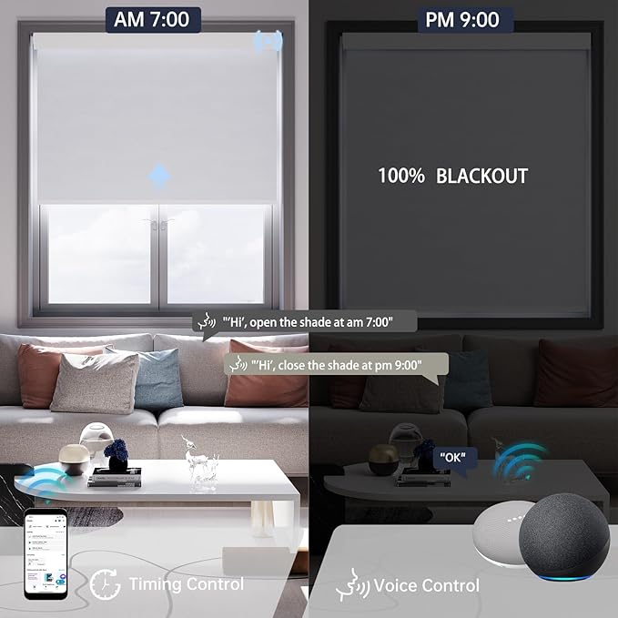 Motorized Blinds with Remote, Blackout Smart Blinds for Windows Automatic Roller Shades Compatible with Alexa, Motorized Shades Customized for Bedroom Home Office (Blackout-Fabric White)