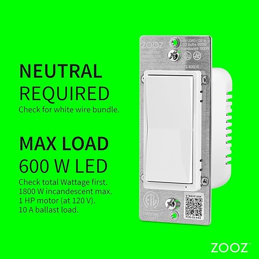 Zooz 800 Series Z-Wave Long Range Heavy Duty On/Off Wall Switch ZEN75 800LR, White | Direct 3-Way (No Add-On Switch Needed) | Z-Wave Hub Required