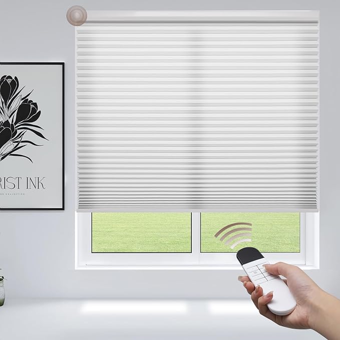 Godark Motorized Light Filtering Cellular Shades Compatible with Alexa/Google Home Electric Blinds Smart Honeycomb Shades for Windows Automatic Blinds with Remote Custom Size-White