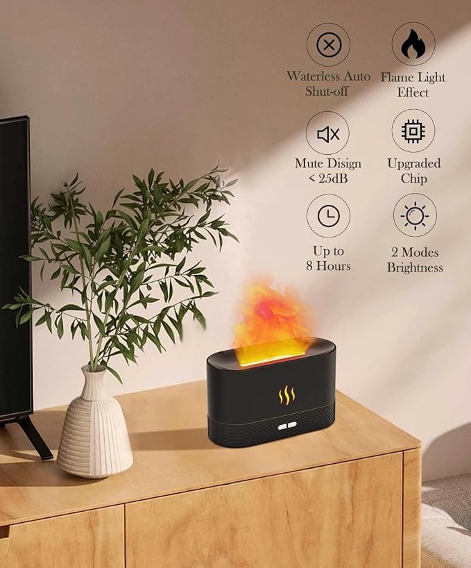 Aegci Essential Oil Diffuser Humidifer with Flame Light Effect, 180ml Air Diffuser for Essential Oils, Humidifiers for Bedroom with 2 Brightness, Auto-Off Function(White)