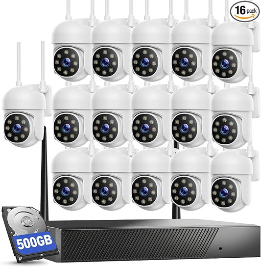 16pcs Wireless Cameras for Home Security Camera System with 500GB WiFi Pair | Plug-in Power, HDMI Output, AUTO Human Tracking 1080P HD Color Night Vision IP66 for Big Mall Farm Business CCTV Surveillance