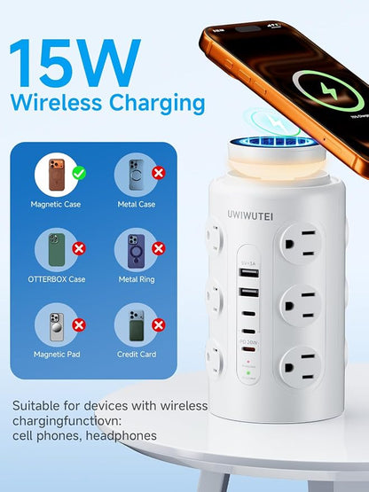 Tower Power Strip with Wireless Charging & Night Light - PD20W Fast Charging Station,12 Outlets, 5 USB (3 USB-C),1800J Protection, 10FT Extension Cord, Home Office Essentials(White)