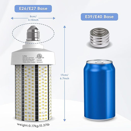 Led Corn Light Bulb - 60W Bright led Light Bulbs Equivalent 600Watt, E26 Base(with E39 convertor) for Garage, Warehouse, Factory, Illuminating Large Areas, Parking Lots (60W 6500K 2pack)