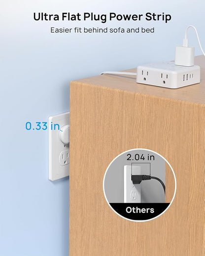 TROND 5ft Flat Extension Cord with 2 USB C, Ultra Thin Flat Plug Power Strip, 8 Widely Outlets and 4 USB Ports, 1700J Surge Protector, Extension Cord for Office, Travel, Home, White