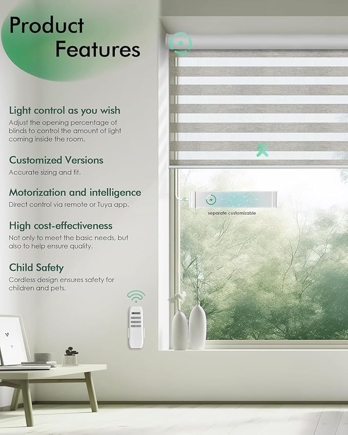Yoolax Motorized Zebra Blinds, Remote Zebra Shades for Indoor Windows, Motorized Shades with Remote Light Control Horizontal Window Blinds Custom Size(90% Shading Starry Gray)