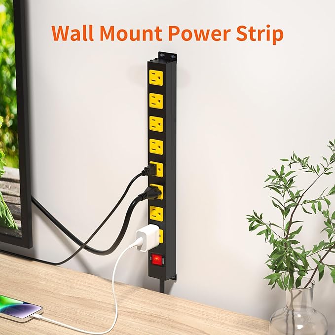 8 Outlet Power Strip 2100J Surge Protector, 12FT Heavy Duty Extension Cord Wide Spaced Outlet and Wall Mount Metal Powerstrip for Home Office Garage Workshop