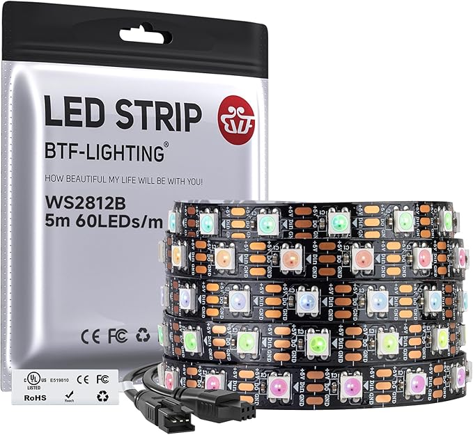 BTF-LIGHTING WS2812B IC RGB LED Strip,UL Listed,Pure Gold Wires,DC5V 16.4FT 300LED 5050SMD,Individually Addressable,Flexible for DIY Chasing Full Color Project,3M Tape,IP30(No Adapter or Controller)