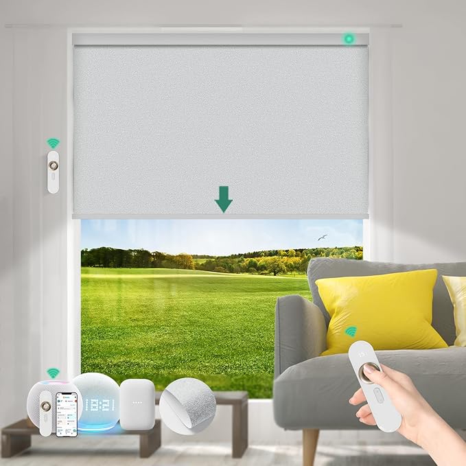 Motorized Blinds with Remote [100% Blackout & Silent Motor] Smart Blinds Compatible with Alexa Google HomeKit, Electric Roller Shades for Indoor Windows, Customized Size, Shimmer Light Gray