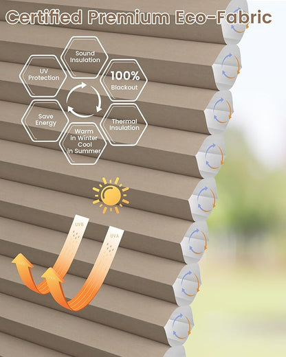 Kincmo Motorized Cellular Shades, Custom Motorized Blinds with Remote, Cordless Smart Electric Honeycomb Blinds Work with Apple HomeKit, Alexa, Google (100%-Blackout-Single-Cell Coffee)