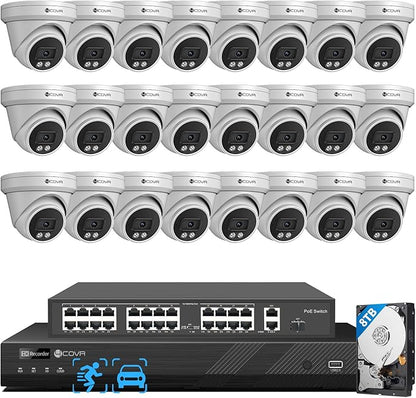 4COVR 4K 32 Channel Security Camera System PoE & AI Person Vehicle Detection, 24Pcs 8MP 110° Wide View Angle Dome IP Camera IP67, 4K UHD NVR 8TB HDD, Business Surveillance Outdoor, LY97SA8M3224