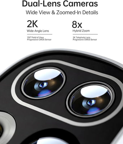 Solar Security Cameras Wireless Outdoor 2-Pack with NVR, Dual-Lens 4K (2K+2K) PTZ Camera System, AI Human & Vehicle Detection, Color Night Vision, WiFi Remote Viewing, No Monthly Fee (CWS01)