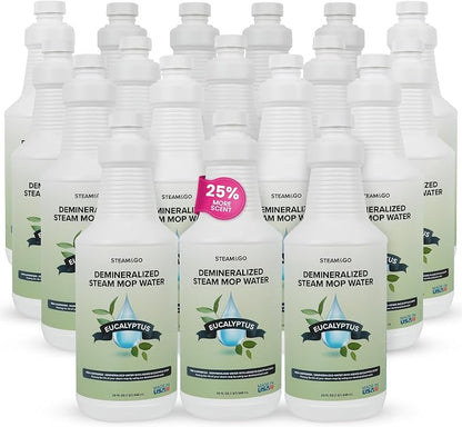 Steam & Go Demineralized Water for Steam Mop – Eucalyptus Mint Scent, 32 oz (Pack of 18) | Scented Floor Cleaner Solution, Ready-to-Use, Compatible with Any Steam Cleaner