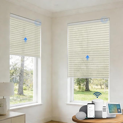 Motorized Cellular Shades with Remote, Smart Cellular Shades Compatible with Apple HomeKit, Alexa & Google Home, Honeycomb Window Blinds for Indoor Windows, Light Filtering Beige Linen