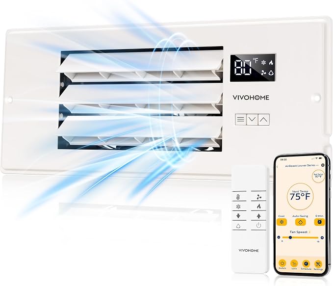 VIVOHOME Register Booster Fan - 4'' x 12'' Opening with Adjustable Louver | Smart Thermostat & 10-Speed WIFI App Control - AC Vent Fan for Floor, Ceiling, Wall - Quiet Operation (White)