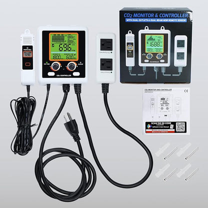 CO2 Controller Dual Outlets Carbon Dioxide Controller for Grow Room, Two Smart Plugs Automatically Control Regulators and Fans, NDIR Sensor and Display CO2 Chart, Temp, RH