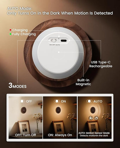 Carved Flower Wood Motion Sensor Night Light, Rechargeable Magnetic