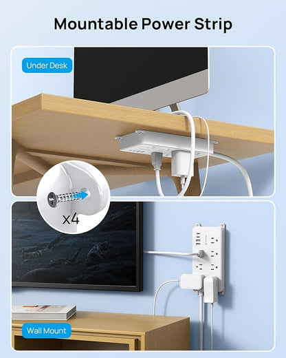 TROND Surge Protector Power Strip with 360° Rotating Plug, 7 Widely-Spaced Outlets, 2 USB-A and 2 USB-C, ETL Listed, Flat Plug 5ft Extension Cord, Wall Mountable, 1700J, for Home Office Garage, White
