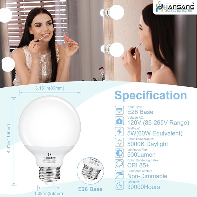 Vanity Light Bulb 5000K Daylight 8 Pack G25 LED Globe Light Bulb for Bathroom Vanity Mirror Decorative,E26 Medium Base, 5W 60W Incandescent Equivalent,500LM,Non-dimmable