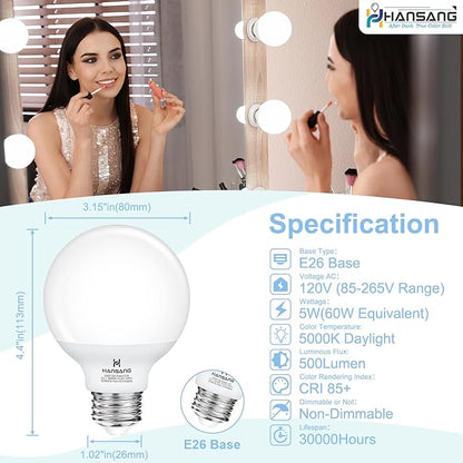 12 Pack Bathroom Light Bulbs, 5000K Daylight LED Globe Light Bulbs, 60W Equivalent E26 Base, G25 Vanity Light Bulb for Bathroom Makeup Mirror, Bedroom Lights 120V, CRI85+, 500LM, Non-dimmable