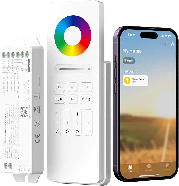 MIWISE Matter LED Controller,2.4GHZ WiFi 4 Zones RF Remote Kit for LED Strip Light,Works with Tuya/Alexa/Google Home/Apple Homekit/Siri,for Dimming/CCT/RGB/RGBCCT/RGBW COB LED Strip Light DC12-48V
