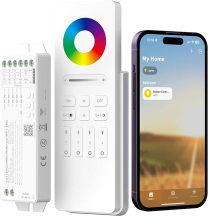 MIWISE Matter LED Controller,2.4GHZ WiFi 4 Zones RF Remote Kit for LED Strip Light,Works with Tuya/Alexa/Google Home/Apple Homekit/Siri,for Dimming/CCT/RGB/RGBCCT/RGBW COB LED Strip Light DC12-48V