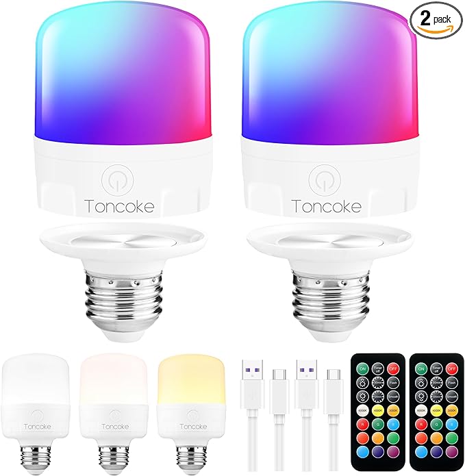 E26 Rechargeable Light Bulbs with Remote, Battery Operated Backup Bulb with Remote and Timer for Sconces Lamps Detachable Wireless Emergency, 3 Color Temperatures + 9 RGB Colors, Non-Hardwired, 2 Pack