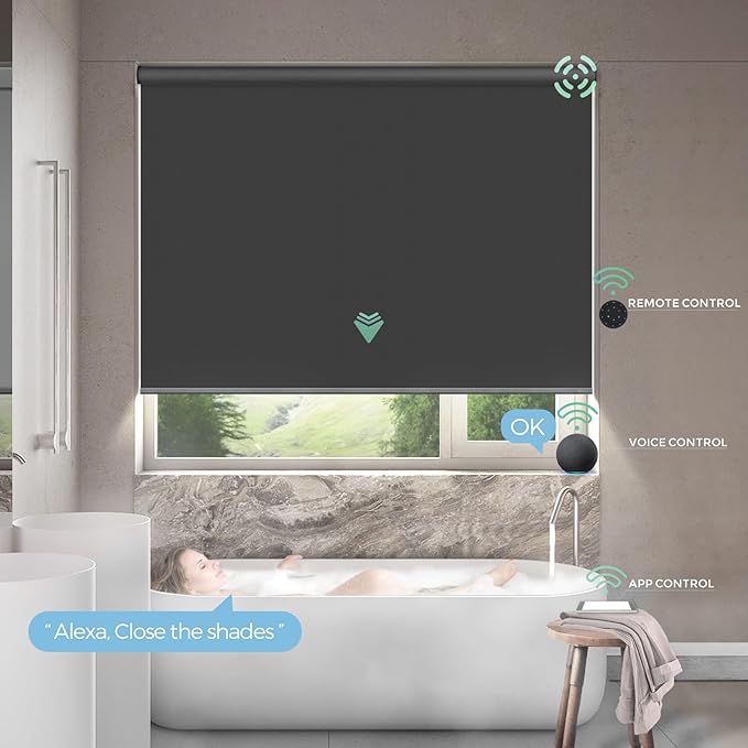 Yoolax Motorized Shower Roller Shades for Bathroom with Remote Control, Automatic Heavy Duty Thick Fabric Shower Curtain Compatible with Alexa, Blackout Battery Solar Powered Blind Custom (Dark Grey)