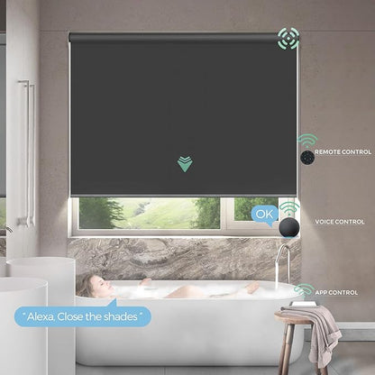 Yoolax Motorized Shower Roller Shades for Bathroom with Remote Control, Automatic Heavy Duty Thick Fabric Shower Curtain Compatible with Alexa, Blackout Battery Solar Powered Blind Custom (Dark Grey)